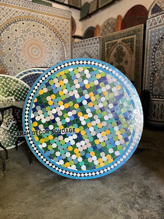 希少！モロッコ産　モザイク　アイアン　テーブル　天板付 Outdoor Dining Table – Custom Moroccan Zellige Mosaic Table with