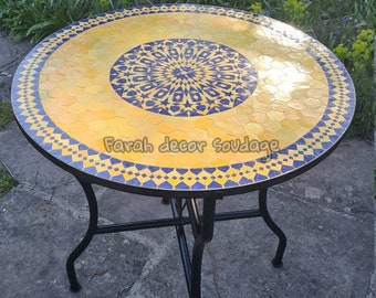 Moroccan  Mosaic Table Handmade , Yellow and Blue  Moroccan Outdoor/ Indoor Mosaic Table , Tiles tbles , Yellow tiles , Moroccan decor .
