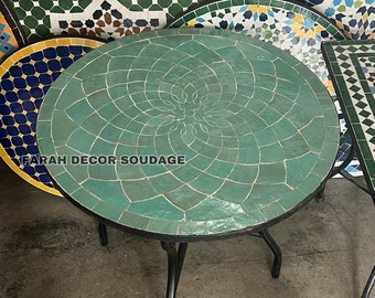 Natural Green Zellige Table , Handmade Moroccan Mosaic Table , Outdoor/ Indoor Mosaic Table, Green Mosaic Table