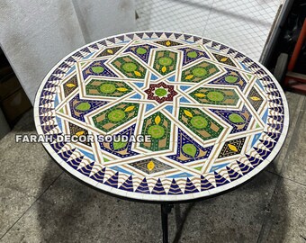 MOROCCAN TABLE, Luxury Furniture, OUTDOOR Coffee Table, Mosaic Resin Top Metal Base Frame Outdoor Traditional Round Table