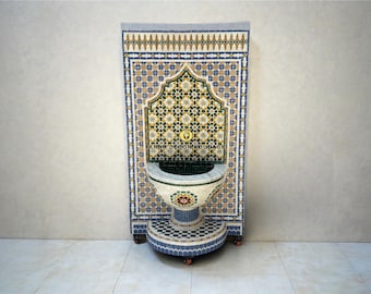 Moroccan Mosaic Water Fountain - Handmade Zellige Garden Fountain - Outdoor Wall Waterfall for Patio .