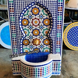 Moroccan Tile Fountain , Moroccan Mosaic Fountain , Wall mosaic fountain , Garden and Indoor fountain , wall water fountain .
