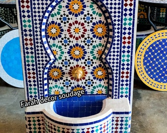 Moroccan Tile Fountain , Moroccan Mosaic Fountain , Wall mosaic fountain , Garden and Indoor fountain , wall water fountain .