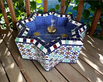 Moroccan Mosaic Floor Fountain -  Handmade Zellige Water Fountain - Custom Patio Garden Courtyard Decor .