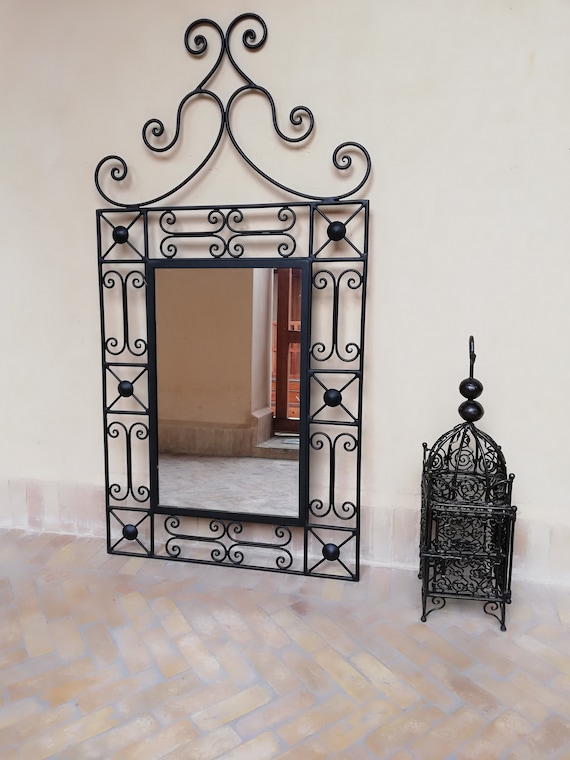 Large French Wrought Iron Mirror with Brass Accents Large French Wrought Iron Mirror with Brass Accents