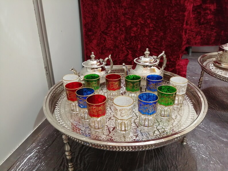 Moroccan Tea Glasses & Teapot Engraved Silver Tray Moroccan Etsy