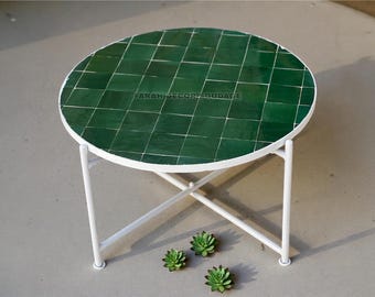 Handcrafted Emerald Green Mosaic Table - Outdoor/Indoor Zellige Tile Table - Moorish Decor .
