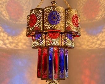 Moroccan Pendant Light | Handmade Brass Lantern with Colored Glass | Boho Ceiling Fixture .