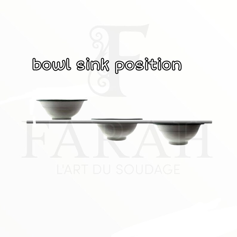 May include: Three white ceramic bowls are arranged in a row on a shelf. The bowls are all the same size and shape, and they are all slightly tilted forward. The text "bowl sink position" is written above the bowls.
