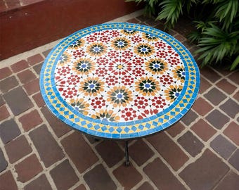Handmade Moroccan Mosaic Bistro Table - Custom Round Tile Outdoor Dining Table - Morrish Decor .