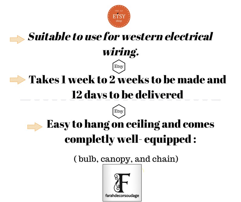 May include: A text-based image listing details about a ceiling light fixture. The text states that the light fixture is suitable for western electrical wiring, takes 1 week to 2 weeks to be made and 12 days to be delivered, is easy to hang on the ceiling, and comes completely well-equipped with a bulb, canopy, and chain.