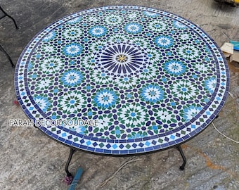 Moroccan Mosaic Dining Table | Handmade Blue Green Zellige Patio Table | Outdoor Garden Table | Custom Sizes .