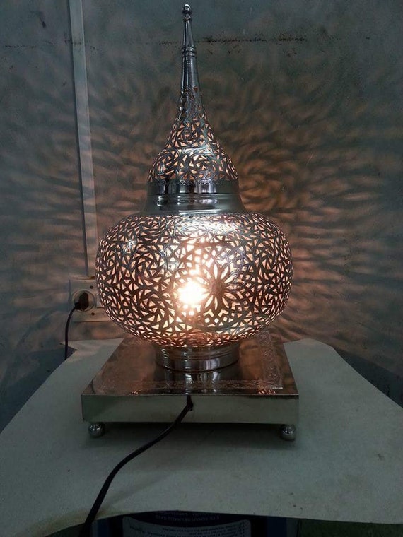 SET OF2 Moroccan table lamp lighting moroccan Silver copper lamp wedding light style Arts Crafts Hammered lampshades hurricane lamps