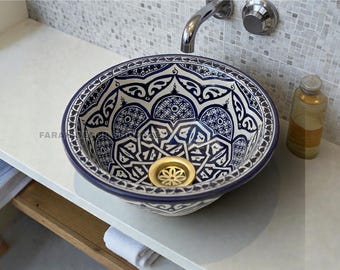 Handcrafted Moroccan Ceramic Basin, Blue Hand Painted Vessel Sink, Artisan Bathroom Washbasin, Vanity Sink .