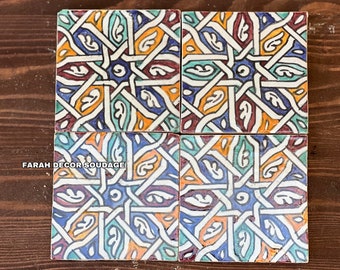 4x4 Moroccan Zellige Tiles, Hand Painted Ceramic Tiles, Colorful Kitchen Backsplash, Custom Tile Decor .