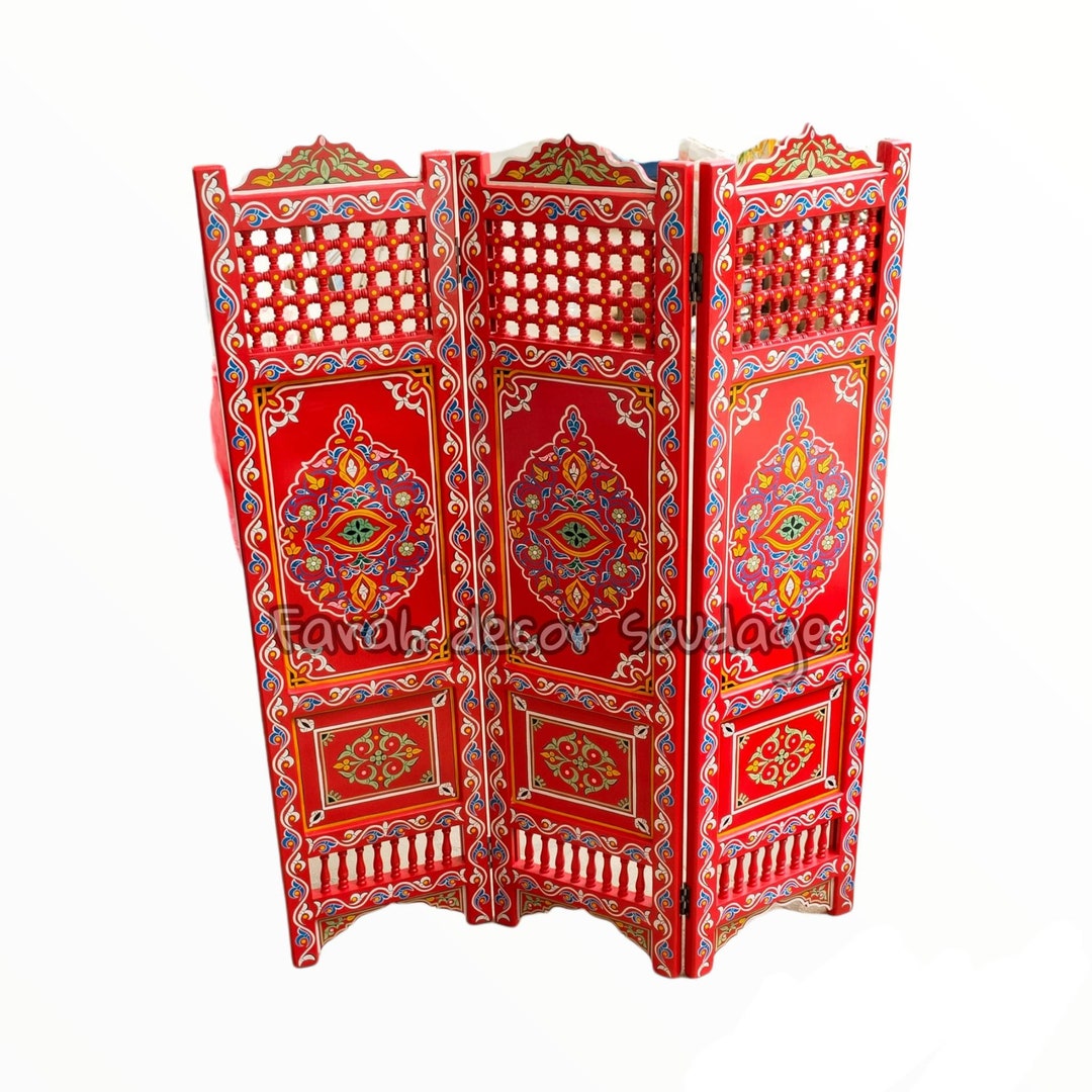 Moroccan Room Divider Made of Wood , Handmade Red Moorish Room Divider