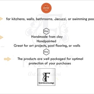 May include: Handmade clay tiles in various colors and patterns. The tiles are handpainted and can be used for kitchens, walls, bathrooms, Jacuzzis, or swimming pools. The tiles are well packaged for optimal protection of your purchases.