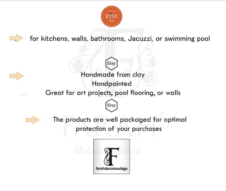 May include: Handmade clay tiles in various colors and patterns. The tiles are handpainted and can be used for kitchens, walls, bathrooms, Jacuzzis, or swimming pools. The tiles are well packaged for optimal protection of your purchases.