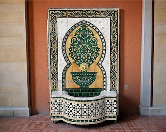 Moroccan Mosaic Wall Fountain, Handmade Beige and Green Zellige Fountain, Outdoor Garden Water Feature .