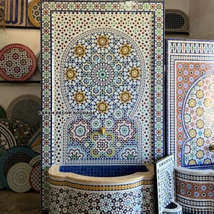 Garden fountain mosaic , Moroccan Mosaic Tile Fountain , Moroccan Mosaic Fountain , Wall mosaic fountain , Garden and Indoor Decor .
