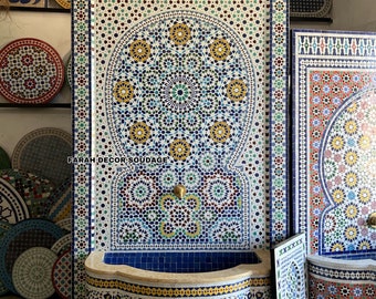Garden fountain mosaic , Moroccan Mosaic Tile Fountain , Moroccan Mosaic Fountain , Wall mosaic fountain , Garden and Indoor Decor .