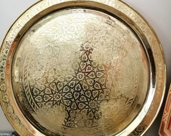 Round BRASS TRAY, MOSAIC Tray, Brass Serving Tray, Tea Tray Decor, Authentic Moroccan Engraved Food Kitchen Essentials Serving Platter