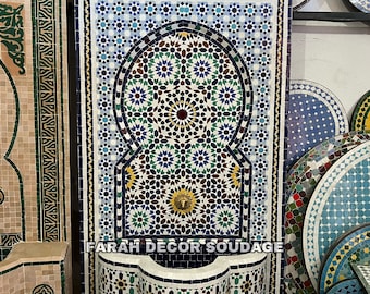 Moroccan Tile Fountain , Moroccan Mosaic Fountain , Wall mosaic fountain , Garden and Indoor fountain , wall water fountain .