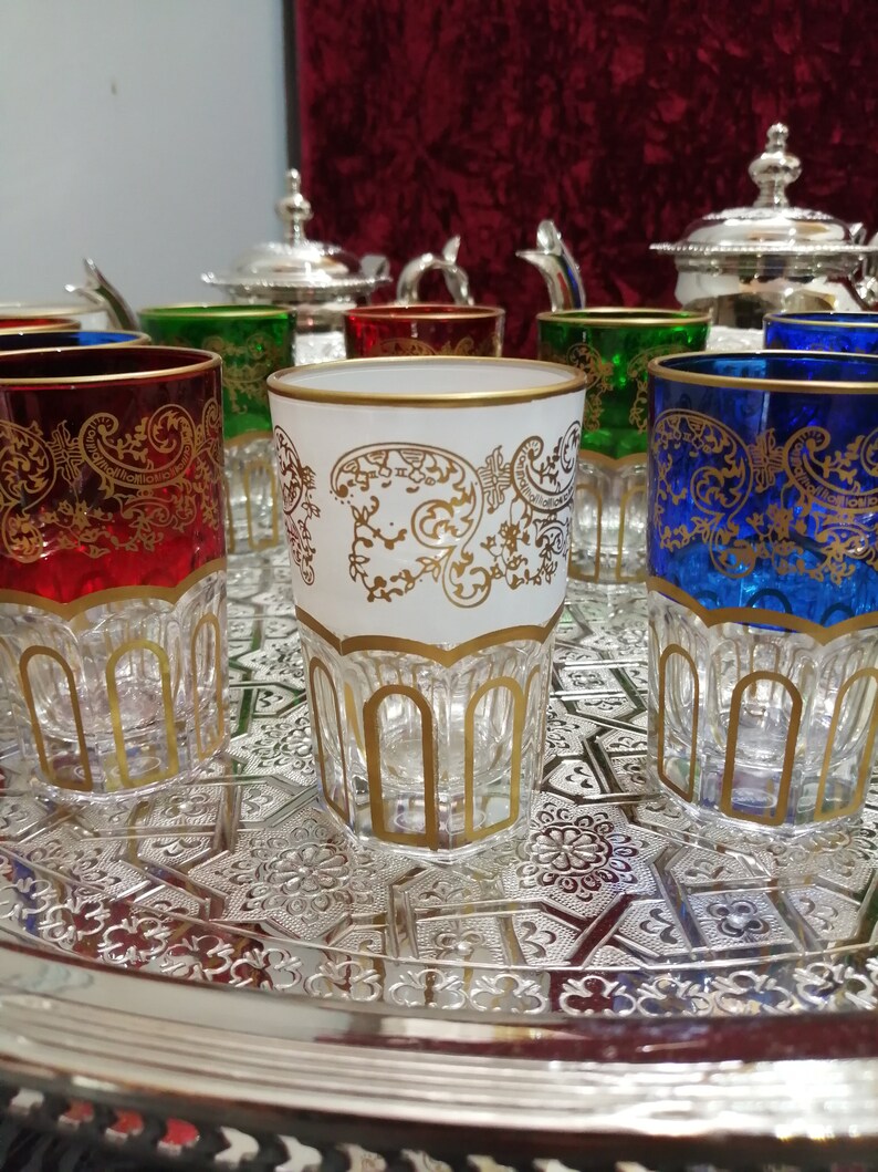 Moroccan Tea Glasses & Teapot Engraved Silver Tray Moroccan Etsy