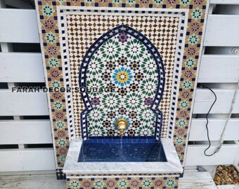 Handmade Moroccan Zellige Fountain – Outdoor Garden Water Feature – Mosaic Courtyard Fountain – Moorish Patio Decor .