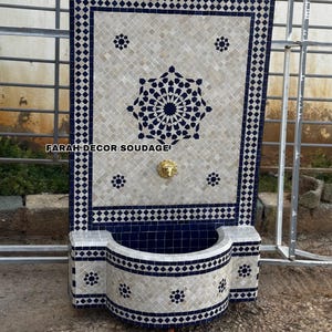 Mosaic Waterfall Fountain - Handmade Moroccan Tile Fountain with Moorish Pattern - Mid Century Indoor & Patio Garden Decor .