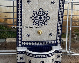 Mosaic Waterfall Fountain - Handmade Moroccan Tile Fountain with Moorish Pattern - Mid Century Indoor & Patio Garden Decor .