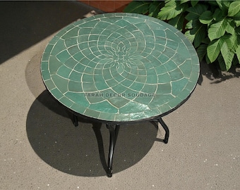 Natural Green Zellige Table – Custom Handmade Moroccan Mosaic Bistro Table for Outdoor & Indoor Use .