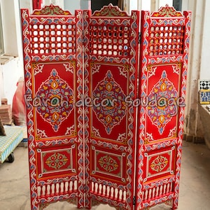 Moroccan room divider Made of Wood  , Handmade Red Moorish Room Divider , Hand Painted Room Divider Screen , Floding Moroccan Screen Room .