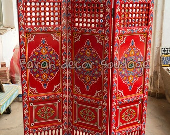 Moroccan room divider Made of Wood  , Handmade Red Moorish Room Divider , Hand Painted Room Divider Screen , Floding Moroccan Screen Room .