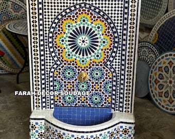 Handmade Moroccan Zellige Mosaic Fountain: Mid-Century Indoor/Outdoor Decor