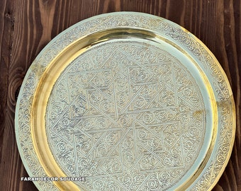 Handmade Moroccan Brass Tray - Engraved Tea Serving Platter