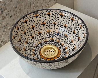 Round Moroccan Ceramic Vessel Sink, Handcrafted Painted Washbasin, Artisan Bathroom Bowl, Unique Vanity Sink .