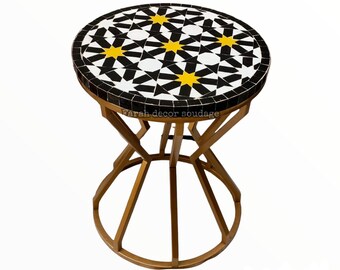 Mosaic Coffee Table with Geometric Iron base , Moroccan Mosaic Round Tile Coffee table , Geometric side table , Moroccan Decor .