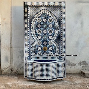 Mosaic Tile Fountain, Large Moorish Tile Fountain Artwork, Brass plated Fountain, Fountain for Outdoor Indoor, Moroccan Decor Garden