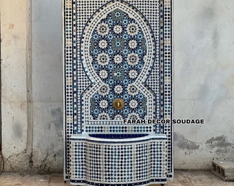 Mosaic Tile Fountain, Large Moorish Tile Fountain Artwork, Brass plated Fountain, Fountain for Outdoor Indoor, Moroccan Decor Garden