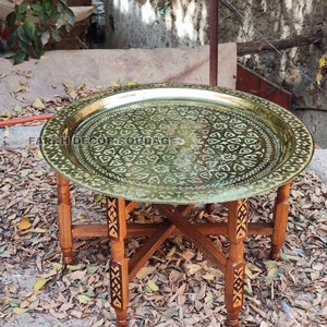 Moroccan Brass Table , Brass Tea table , Moroccan Arabesque Engraved Carved Polished Brass Tray Folding Table .