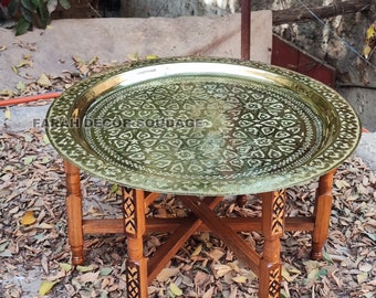 Moroccan Brass Table , Brass Tea table , Moroccan Arabesque Engraved Carved Polished Brass Tray Folding Table .