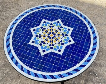 Blue & White Moroccan Mosaic Bistro Table | Handmade Zellige Tile | Round Patio Furniture .