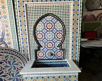 Moroccan Fountain for Garden|Mid-Century Mosaic Fountain | Moorish Mosaic Fountain | Wall Water Fountain .