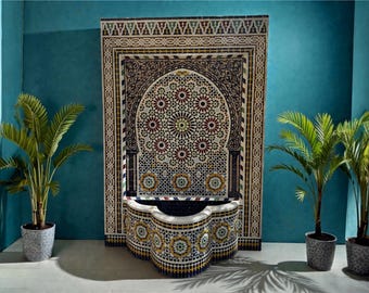 Large Moroccan Mosaic Fountain, Handmade Zellige Wall Fountain, Outdoor Garden Fountain, Moorish Tile Alhambra Style .