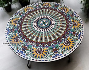 Moroccan Mosaic Dining Table | Handmade Zellige Patio Table | Luxury Outdoor Garden Furniture | Mediterranean Tile Table .