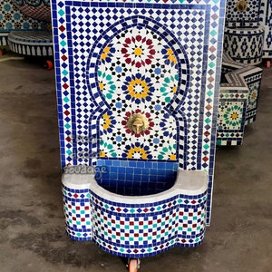 Moroccan Tile Fountain , Moroccan Mosaic Fountain , Wall mosaic fountain , Garden and Indoor fountain , wall water fountain .