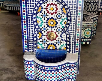 Moroccan Tile Fountain , Moroccan Mosaic Fountain , Wall mosaic fountain , Garden and Indoor fountain , wall water fountain .