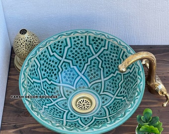 Handmade Green Moroccan Ceramic Vessel Sink - Ceramic Basin with Brass Drain Included