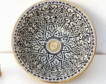 14 Karat Gold Black and white Moroccan Sink Washbasin Wash Basin Ceramic Handmade Hand Painted  - Moroccan ceramic sink